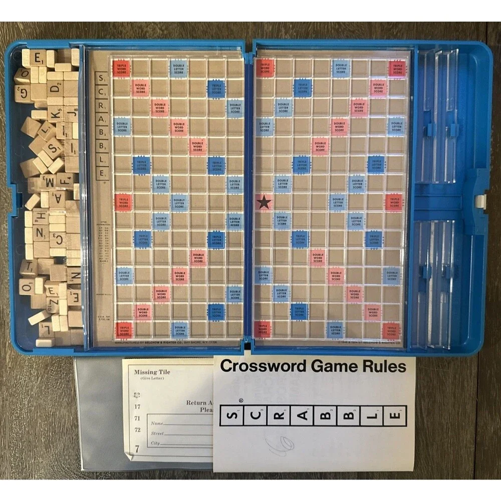 Vintage 1977 Scrabble Travel Edition Blue Case Complete 100 Wood Tiles